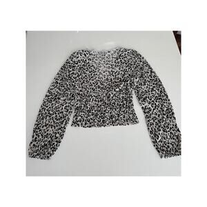 Zara Leopard Print V-Neck Long Sleeve Blouse Front Tie Size Medium Careerwear